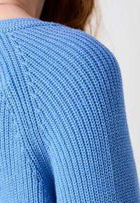 Close-up of a person wearing a light blue knitted sweater showing detailed textured stitch pattern on shoulder and upper back area.