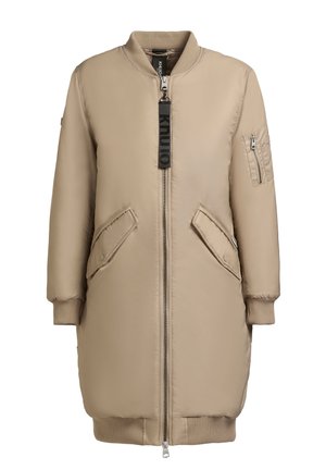 Beige padded coat with a zip front, ribbed cuffs, and two side pockets. Features an additional zip pocket on the left sleeve.