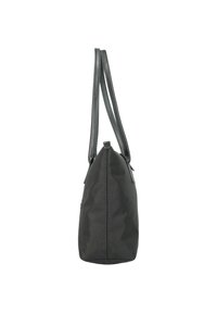 Borsa in tessuto nero con manici in pelle liscia, silhouette triangolare e un compartimento con zip sul lato per una funzionalità aggiuntiva.