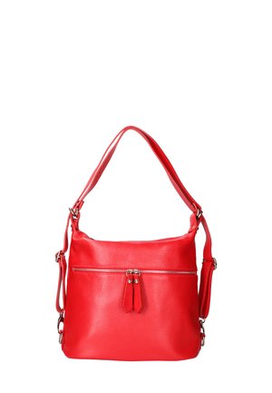 Rode leren handtas met een gestructureerde afwerking, een bovenste rits en een externe ritszak. Voorzien van een schouderband en een afneembare crossbodyband.