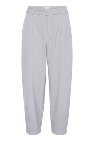 Light grey trousers with a relaxed fit, featuring pleats at the front, a smooth fabric texture, and tapered cuffs at the ankles.