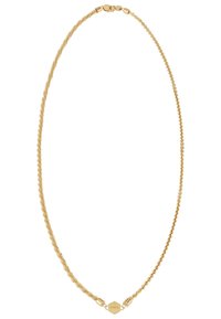 Guld halskæde med sammenflettede kædelinks, varierende teksturer og en sekssidet lukning med indgraveret brandnavn.