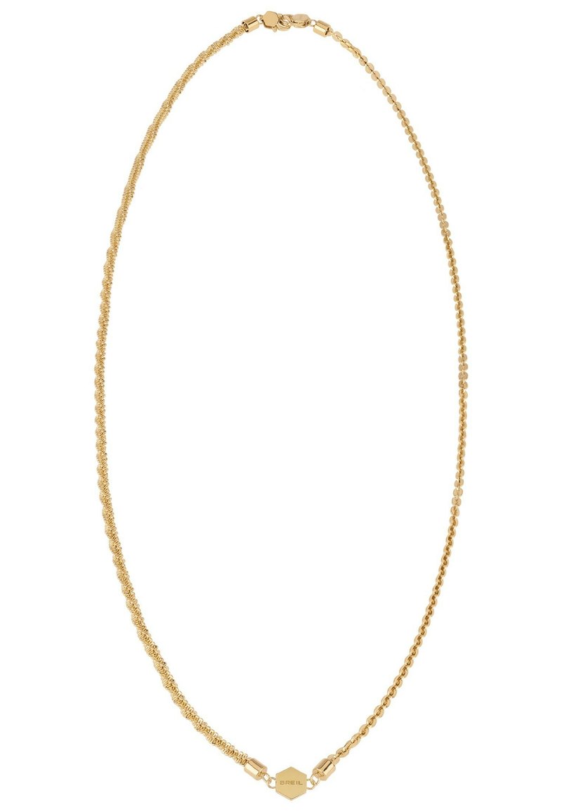 Gouden ketting met verweven schakels, verschillende texturen en een hexagonale sluiting met gegraveerde merknaam.