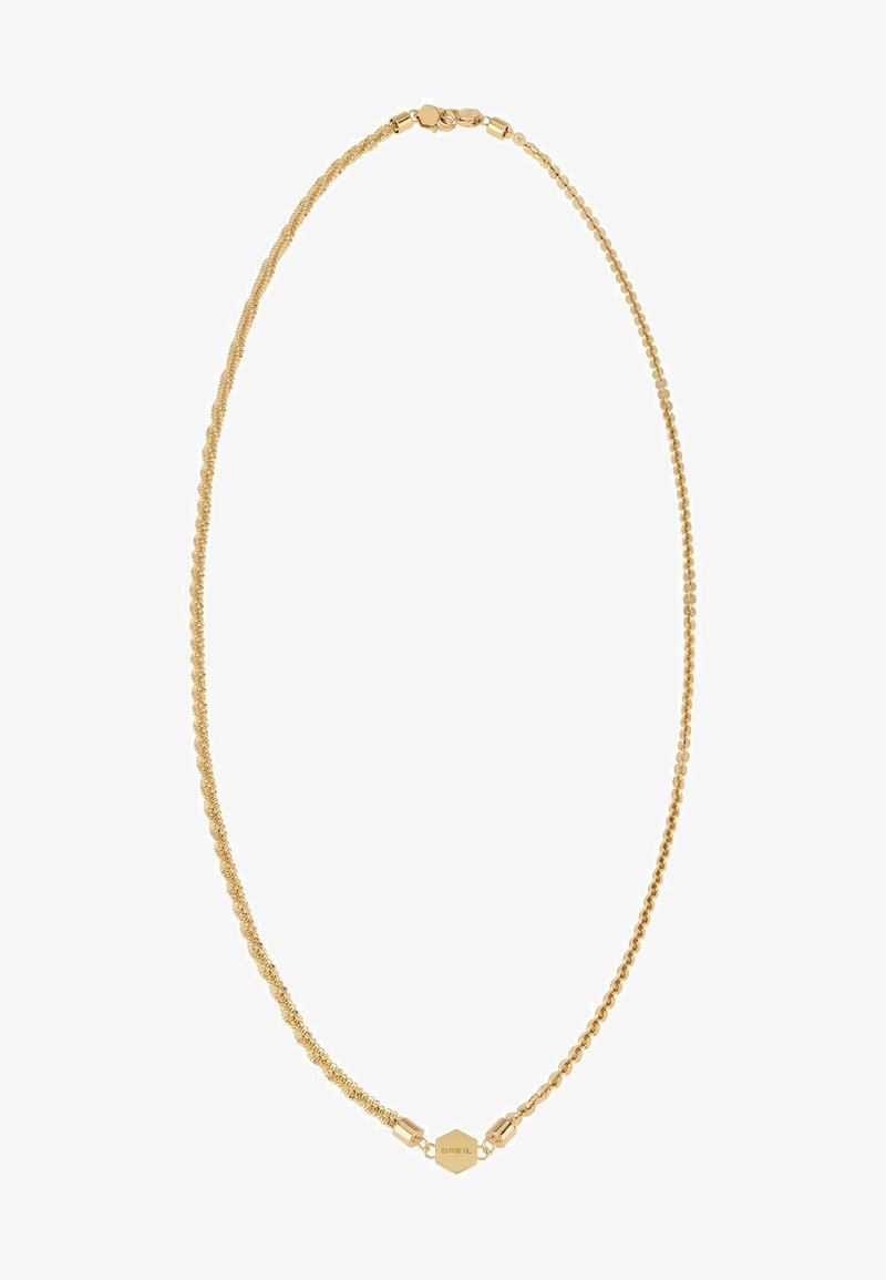 Guld halskæde med sammenflettede kædelinks, varierende teksturer og en sekssidet lukning med indgraveret brandnavn.