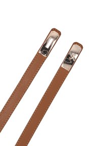Brown leather straps with a textured finish and silver metal clasps at each end. Each strap is slender and has stitched edges.