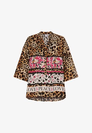 Leopard-print short-sleeve blouse with buttoned neckline, featuring floral and heart patterns in pink and black accents, layered horizontally.