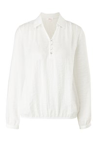Blusa bianca a maniche lunghe con colletto, sei bottoni frontali, tessuto testurizzato e orlo elastico in vita.