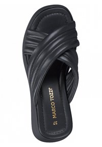 Black leather slide sandal with cross-straps, smooth texture, padded insole, and a rounded toe. Gold branding on inner sole.