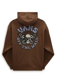 Brown hoodie featuring a large graphic of a skull and butterfly on the back. Text reads "VANS AUTHENTIC SINCE 1966 OFF THE WALL."