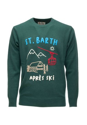Maglione verde lavorato a maglia con ricamo di montagne e di un impianto di risalita, con il testo blu "ST. BARTH" e il testo bianco "APRÈS SKI".