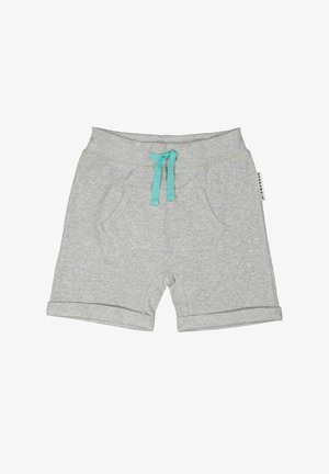 Harmaita puuvillashortsit, joissa on joustava vyötärö, turkoosi nyöri, kaksi etutaskua ja käärityt lahkeet. Pehmeä, karkea kangas.