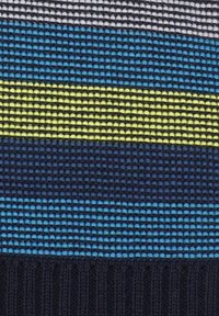 Knitted fabric with horizontal stripes in navy, light blue, turquoise, yellow, and white. Textured design with ribbed lower edge.