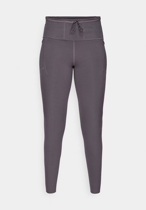 Leggings violets taille haute avec fermeture à cordon, présentant une texture lisse et des poches latérales pour une fonctionnalité accrue.