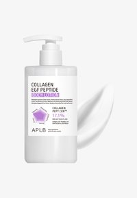 Hvid pumpeflaske med kollagen EGF peptid kropslotion med en streg af lotion ved siden af på hvid baggrund.