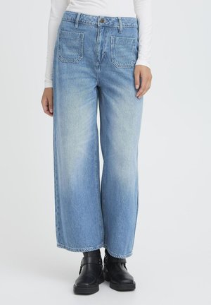 Helle blaue weite Jeans aus Denim, mit hoher Taille, vier Taschen und einem geraden Schnitt, der unter dem Knöchel endet.