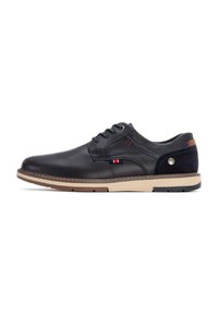 Zapatos de cuero negro con textura suave, perfil bajo, suela beige, acentos azules y un pequeño logotipo en el costado. Presentan un clásico diseño de cordones.