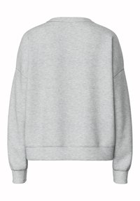Sweat-shirt gris clair à manches longues vu de dos avec poignets côtelés, ourlet et un col rond simple.