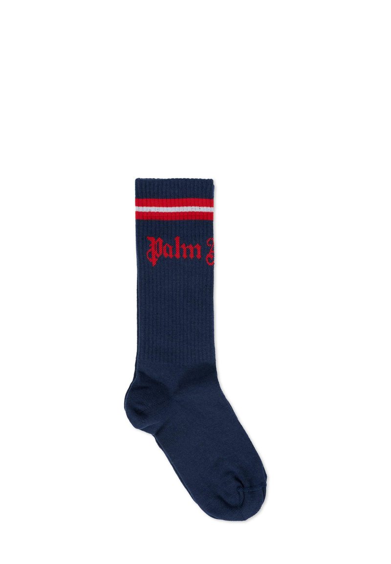Calze a coste blu navy con strisce rosse e bianche sulla parte superiore e logo "Palm" in rosso sul davanti, realizzate in un materiale morbido.