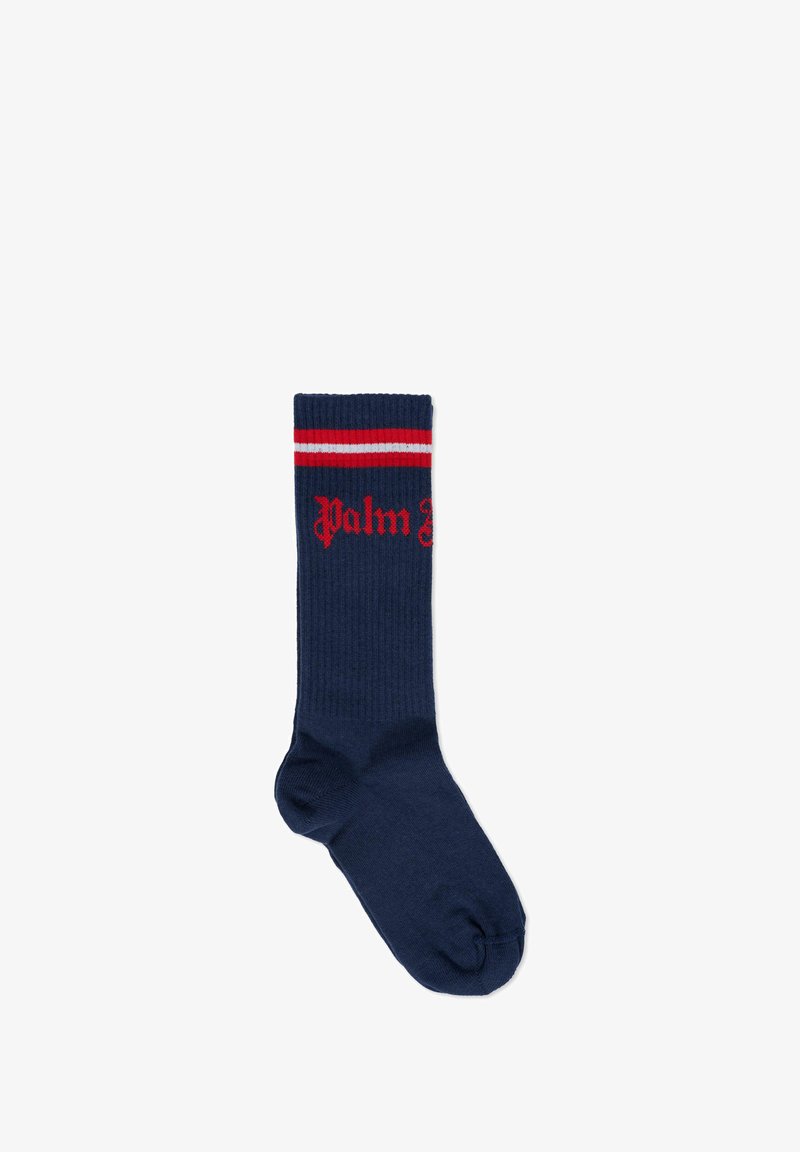 Calze a coste blu navy con strisce rosse e bianche sulla parte superiore e logo "Palm" in rosso sul davanti, realizzate in un materiale morbido.