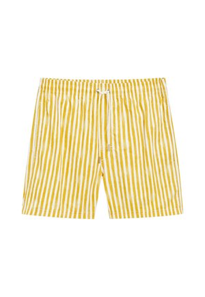 Gelb-weiß vertikal gestreifte Shorts mit elastischem Bund und weißem Kordelzug, auf weißem Hintergrund gezeigt.