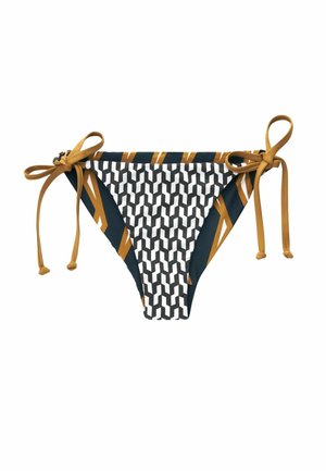 Parte inferiore di bikini multistrato con un design geometrico in nero, bianco e giallo senape, dotata di lacci laterali regolabili e una texture morbida.