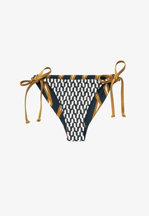 Bikini hlače z več vzorci, ki vsebujejo geometrijski dizajn v črni, beli in gorčično rumeni barvi, z nastavljivimi stranskimi vezalkami in gladko teksturo.
