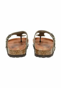 Brown cork sole sandals with dark olive green straps and silver-tone hardware, featuring a wide toe loop and textured footbed.