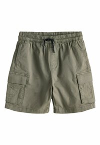 Khaki cargoshorts med elastisk talje med snoretræk, sidelommer og en glat, holdbar stoftekstur.