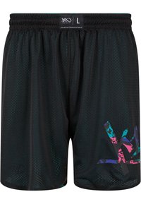 Svart mesh idrettsshorts med elastisk midje. Har fargerike abstrakte mønstre i rosa, blått og grønt nederst til høyre.