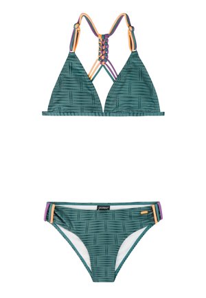 Bikini deux pièces à motif vert avec des bretelles tressées multicolores sur le haut et des accents rayés assortis sur les côtés du bas.
