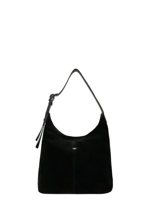 Borsa a tracolla in pelle scamosciata nera con tracolla regolabile, piccolo logo metallico sul davanti e dettaglio decorativo con nappina vicino alla fibbia.