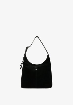 Borsa a tracolla in pelle scamosciata nera con tracolla regolabile, piccolo logo metallico sul davanti e dettaglio decorativo con nappina vicino alla fibbia.