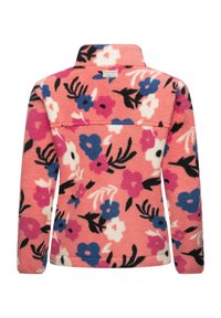 Floral fleece pullover in peach, featuring pink, blue, and black flower patterns. High collar and long sleeves with a soft texture.