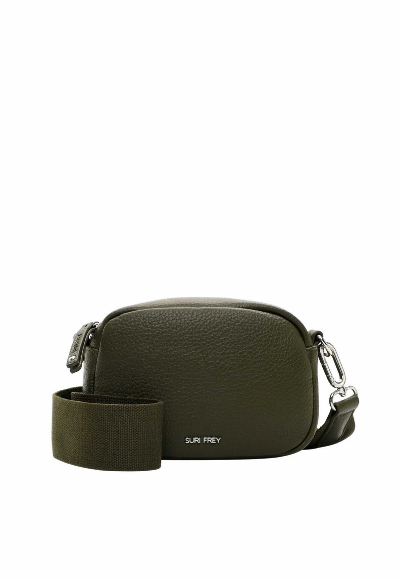Borsa a tracolla verde in pelle con apertura zip, superficie texturizzata, tracolla in nylon regolabile e dettagli in metallo argentato.