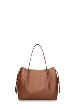 Brown leather tote bag with long shoulder handles and side drawstring details, displayed against a white background.