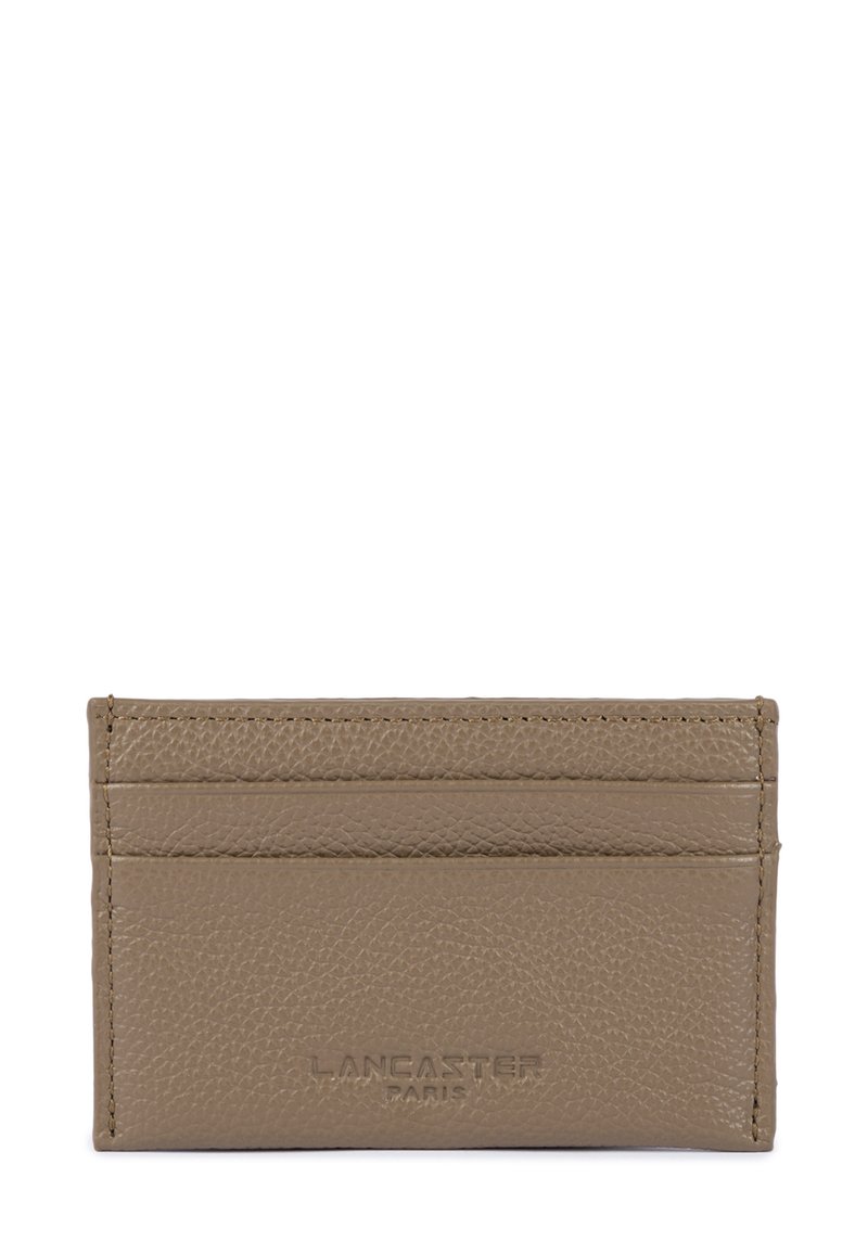Brown textured leather cardholder with four slots, embossed logo on the front, and stitched edges for durability. Compact design.