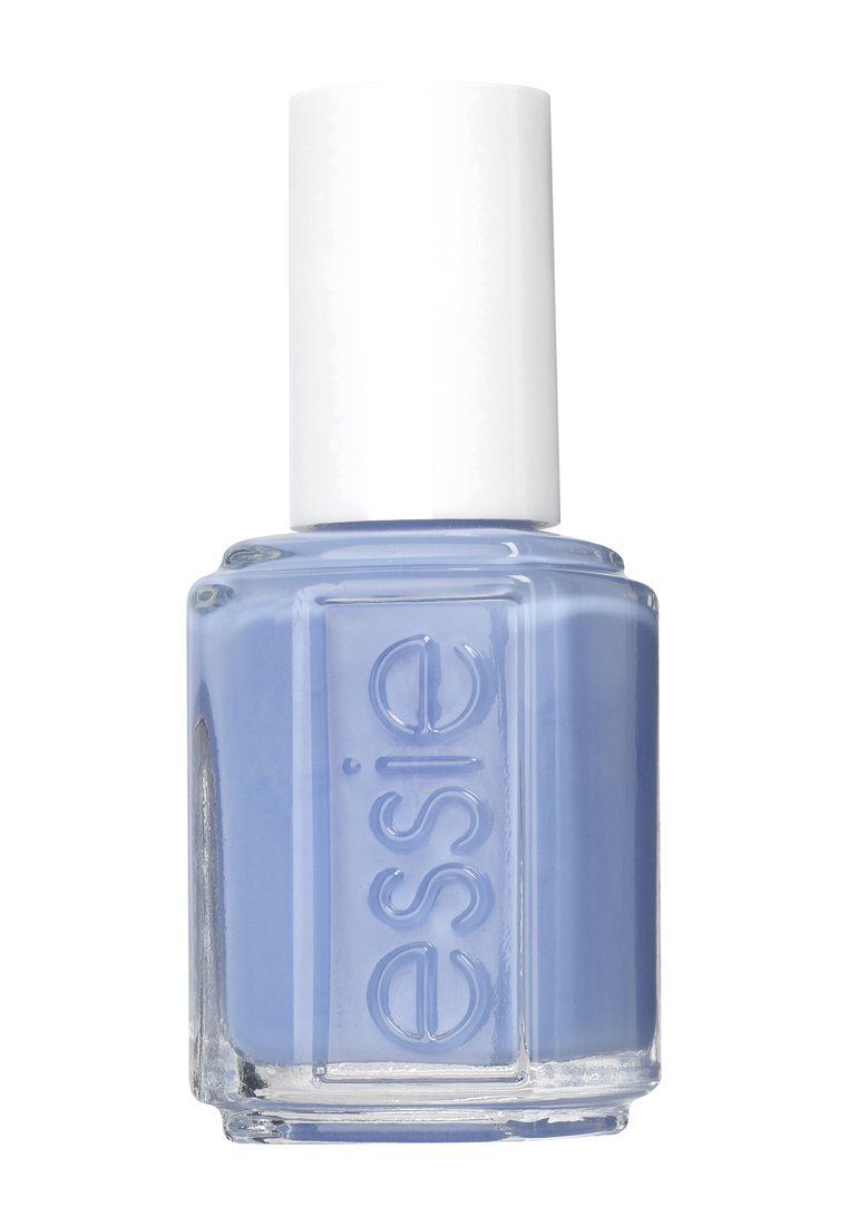 Essie nail polish in a light blue color, housed in a transparent glass bottle with a white cylindrical cap. Text on the bottle is visible.