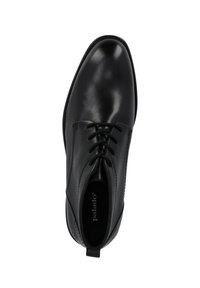 Scarpa da uomo in pelle nera con chiusura lacciata, superficie liscia, punta arrotondata e dettagli di cucitura discreti. Logo del marchio visibile all'interno.