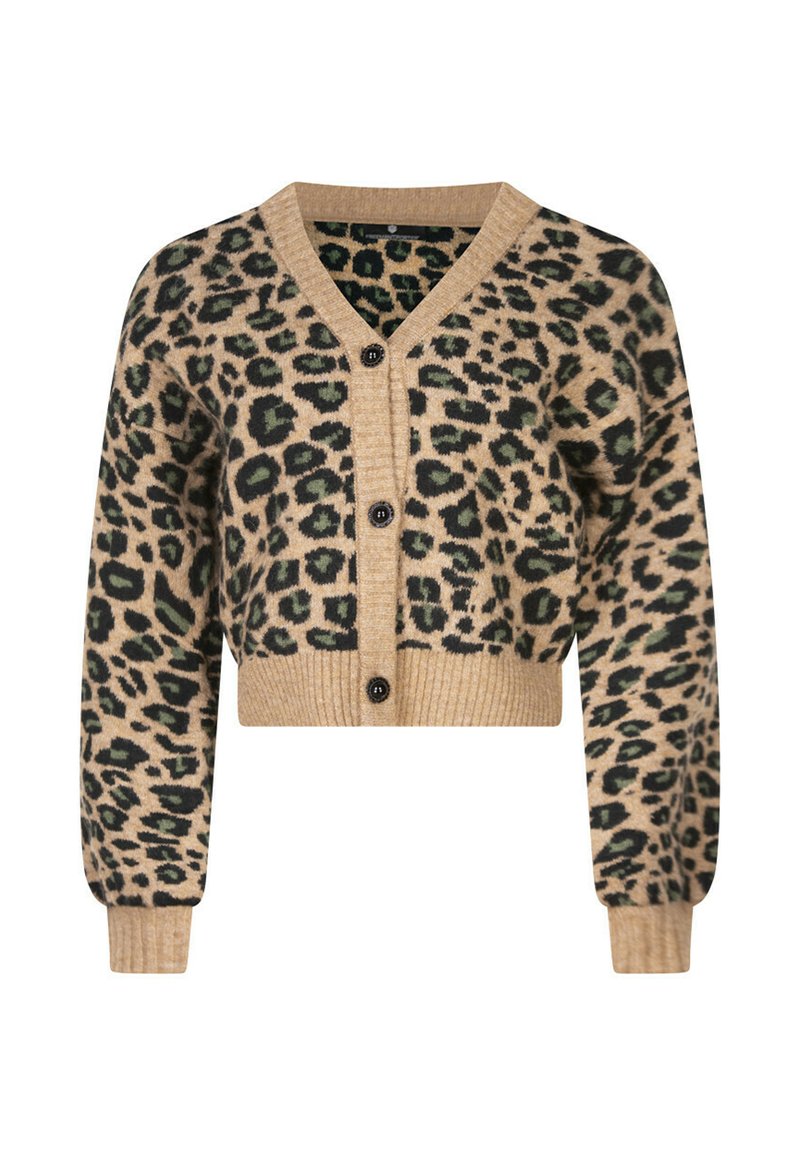Cardigan à imprimé léopard en beige, avec des accents verts. Présente un col en V, une fermeture par boutons, et des poignets et un ourlet côtelés ; design court.