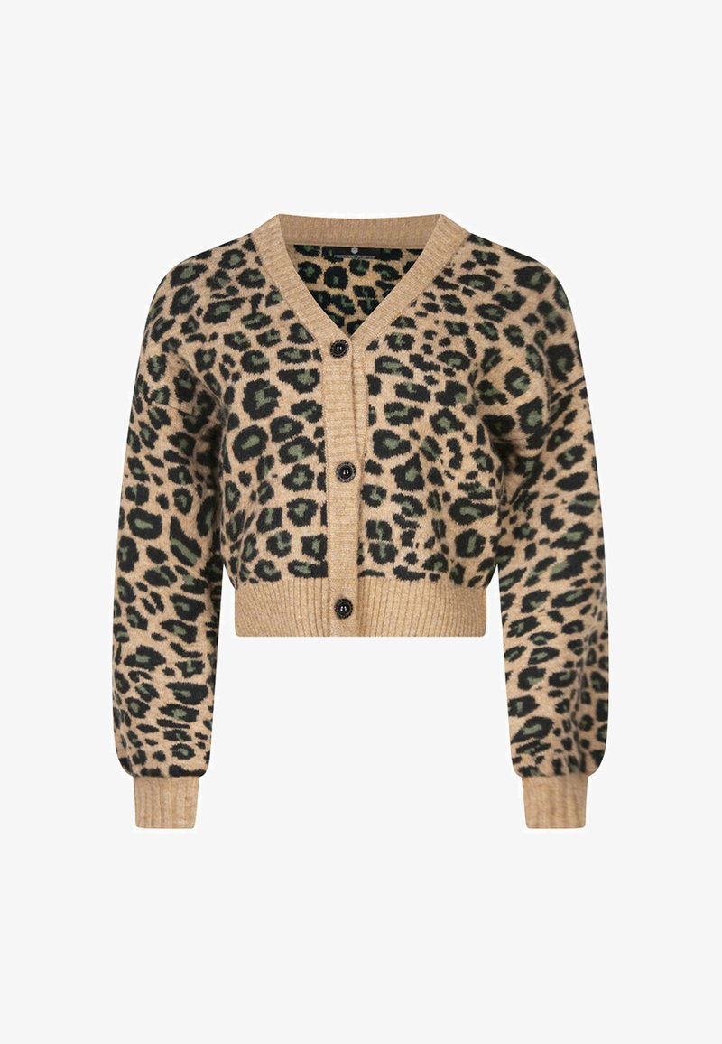 Cardigan à imprimé léopard en beige, avec des accents verts. Présente un col en V, une fermeture par boutons, et des poignets et un ourlet côtelés ; design court.