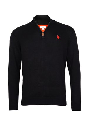 Schwarzer Langarm-Pullover mit Viertelreißverschluss, gerippten Bündchen, Kragen und Saum, ausgestattet mit einem kleinen roten Logo auf der linken Brust.