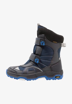 Children's waterproof snow boots, featuring a blue and gray design, fabric exterior, Velcro straps, and a textured rubber sole.