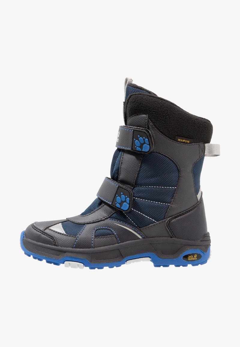 Bottes de neige imperméables pour enfants, avec un design bleu et gris, extérieur en tissu, fermetures à scratch et semelle en caoutchouc texturée.