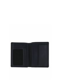 Portefeuille noir bifold ouvert, montrant une fenêtre d'identité claire, plusieurs emplacements pour cartes à gauche et une grande poche à droite.