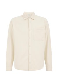 Cream-colored button-up shirt made of textured fabric, featuring a collar, long sleeves, and a single chest pocket.
