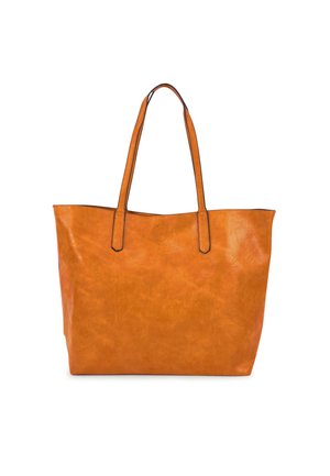 Orangene Leder-Umhängetasche mit zwei langen Tragegriffen, rechteckiger Form, glatter Oberfläche, verstärkten Kanten und ohne sichtbare Hardware oder Muster.