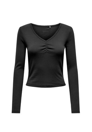 Sort langærmet top med V-hals, rynkedetalje ved brystet og tætsiddende pasform. Fremstillet af glat, elastisk materiale.