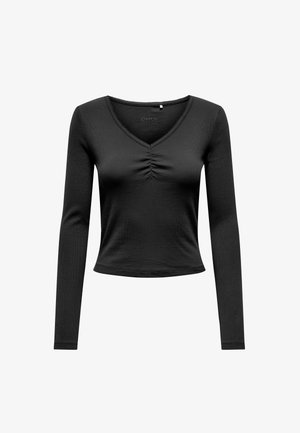 Zwart top met lange mouwen en een V-hals, met plooien bij de borst en een aansluitend ontwerp. Gemaakt van glad, rekbaar materiaal.