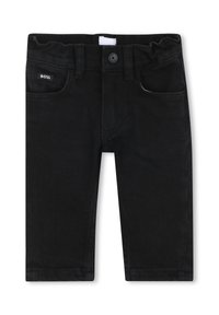 Pantaloni in denim nero con una texture liscia, cinque tasche, passanti per cintura e un'etichetta con il marchio. Presentano una chiusura con bottone e zip.