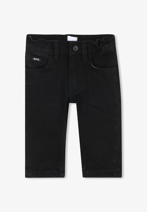 Pantaloni in denim nero con una texture liscia, cinque tasche, passanti per cintura e un'etichetta con il marchio. Presentano una chiusura con bottone e zip.